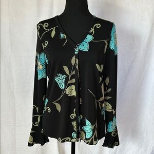 Goodclothes Collection Black Floral Cadigan with Teal Flowers. Size Small.